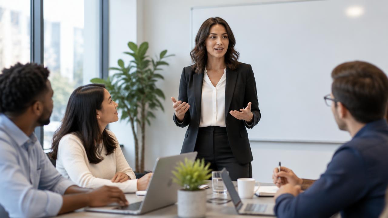 A confident woman leading a focused team meeting in a bright modern office